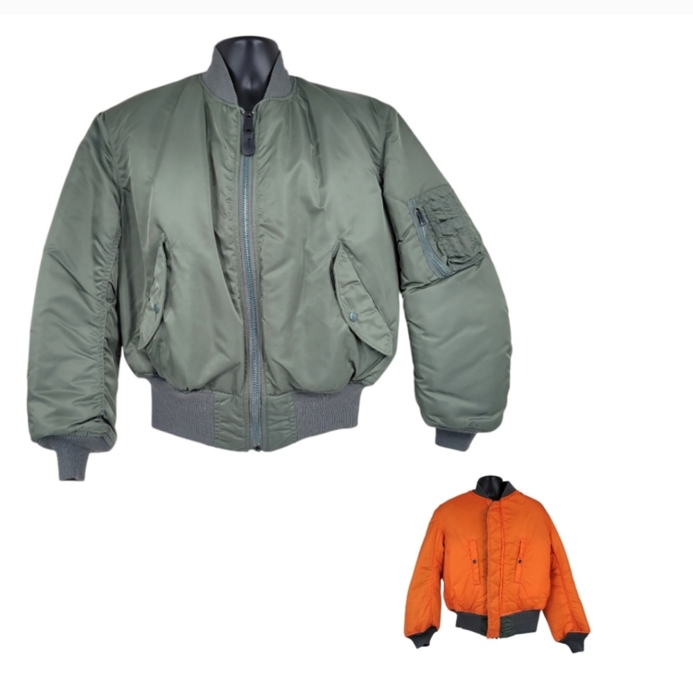 Alpha Industries MA-1 Vintage Bomber Jacket Satin Green Orange Reversible 80's
